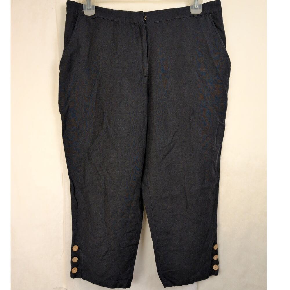 Ruby Rd linen Capri pants Size 14 Black Button ankle Minimal Resort Coastal